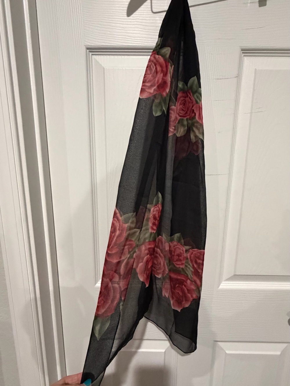 Black Floral Sheer Scarf with Pink Rose Pattern